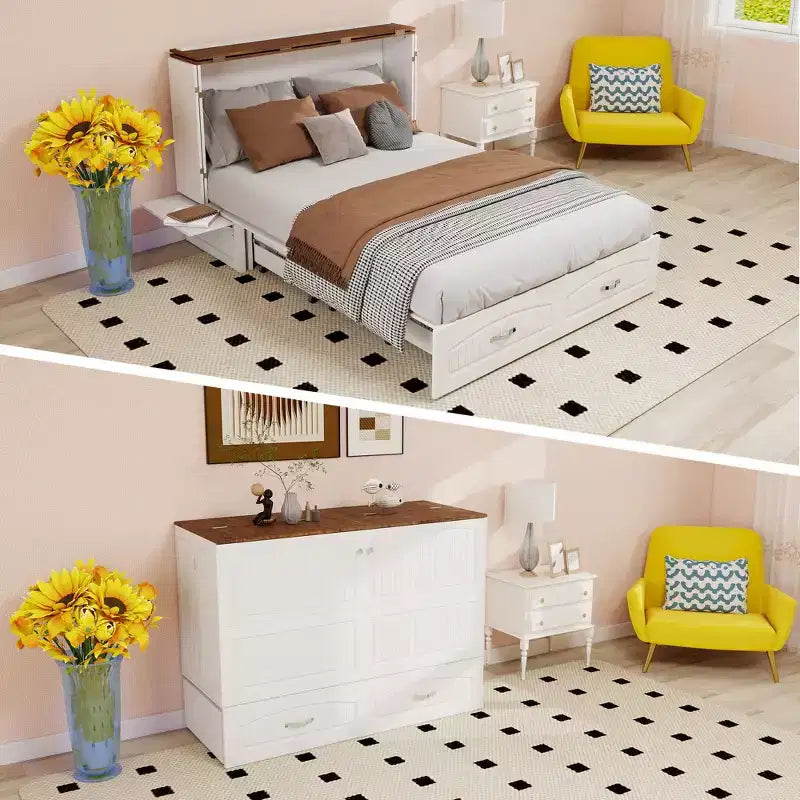 Cama Murphy Queen Keloyid con Armazón de MDF Blanco, Estación de Carga y Cajón de Almacenamiento