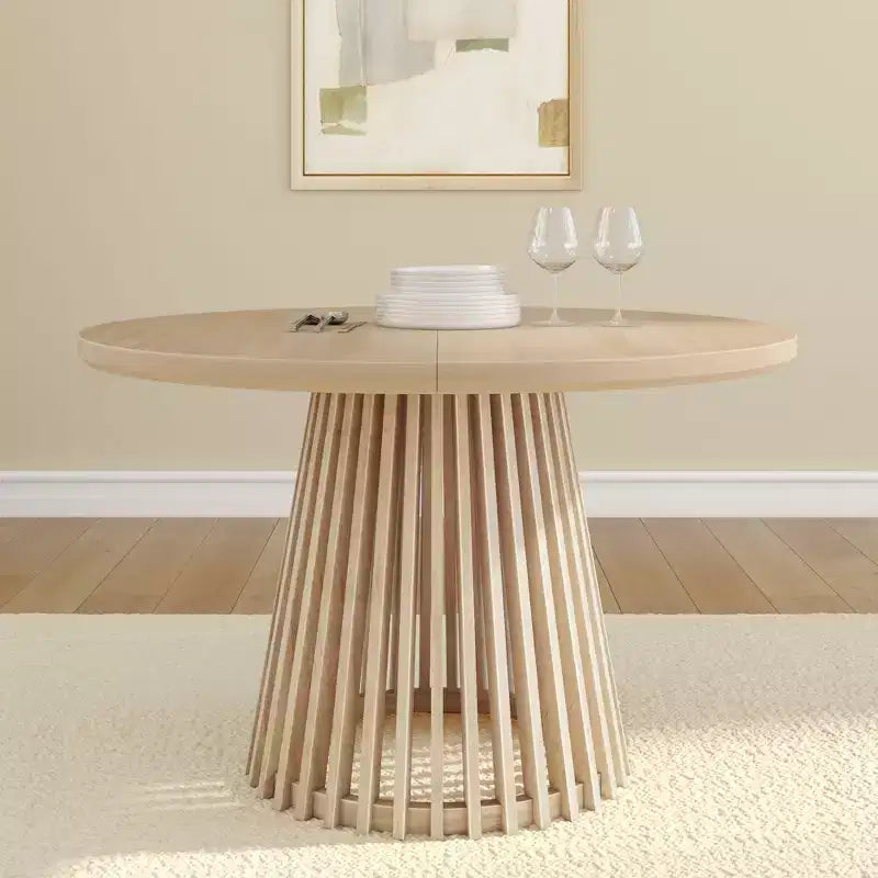 Mesa de comedor redonda Plank+Beam 48 Lido, mesa de cocina minimalista de madera maciza para 4 personas