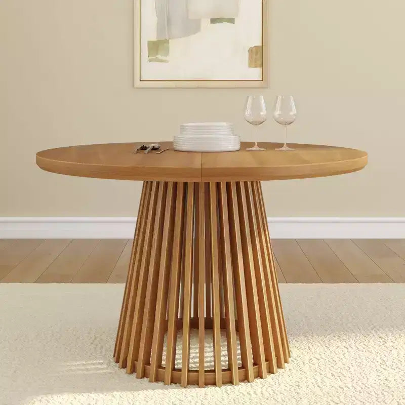 Mesa de comedor redonda Plank+Beam 48 Lido, mesa de cocina minimalista de madera maciza para 4 personas