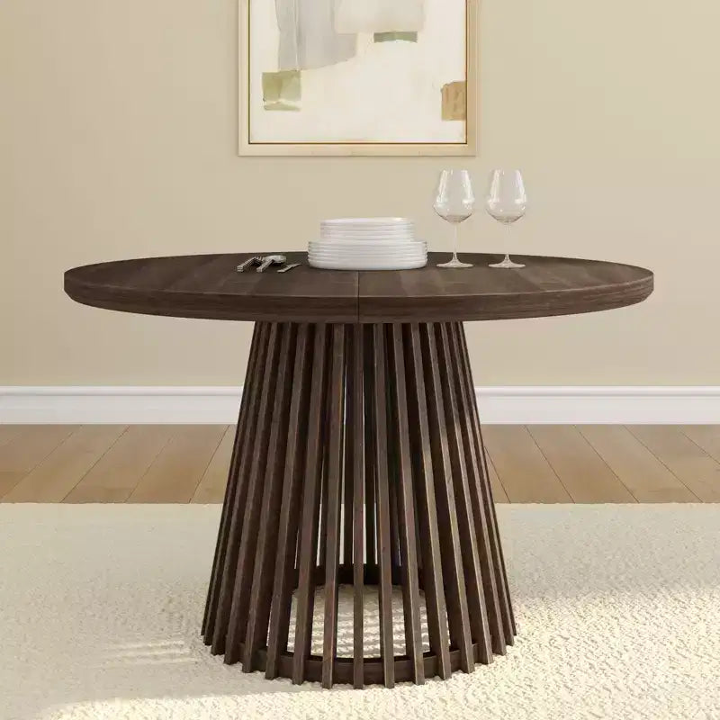 Mesa de comedor redonda Plank+Beam 48 Lido, mesa de cocina minimalista de madera maciza para 4 personas
