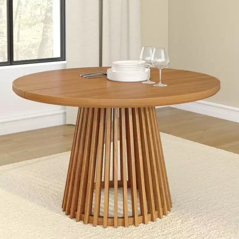 Mesa de comedor redonda Plank+Beam 48 Lido, mesa de cocina minimalista de madera maciza para 4 personas