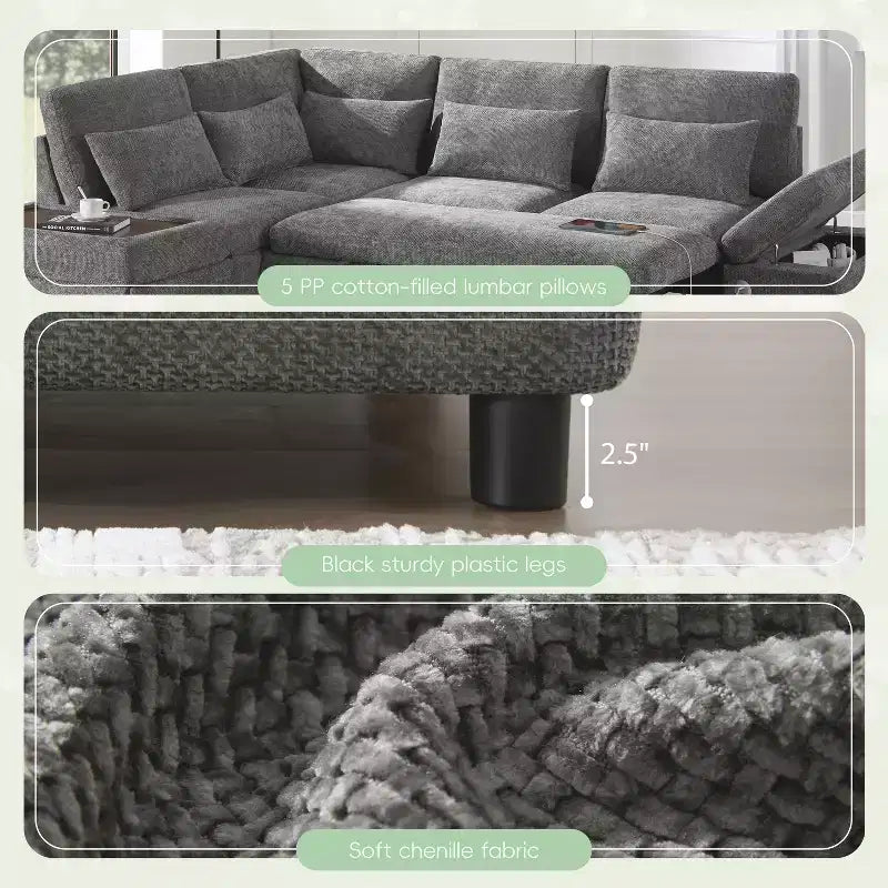 Sofá cama modular seccional Whisen 270 - en forma de L de 6 plazas con otomana de almacenamiento, sofá de chenilla, personalizable para sala de estar y apartamento