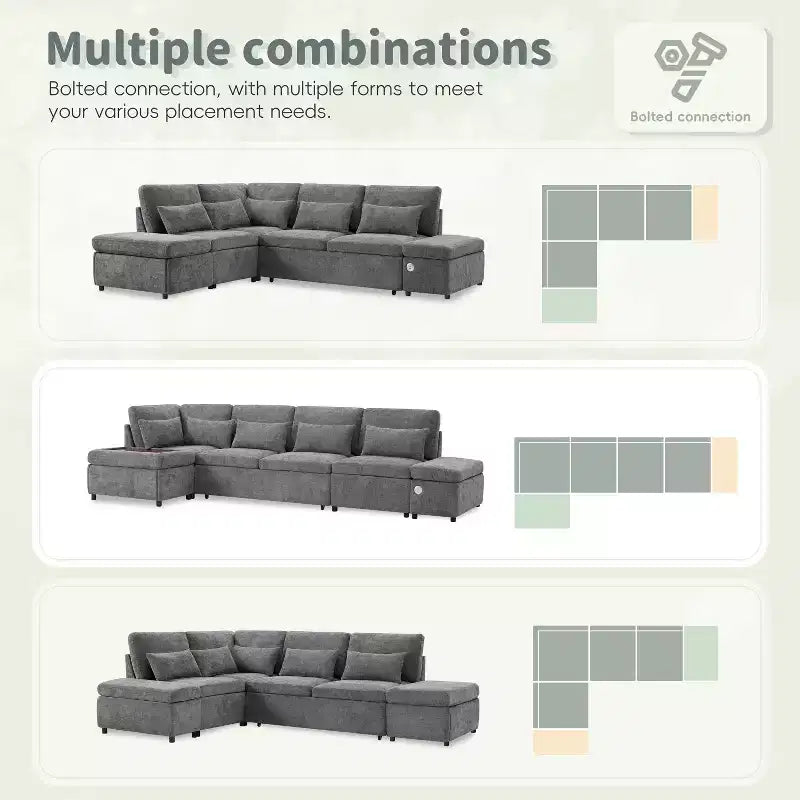Sofá cama modular seccional Whisen 270 - en forma de L de 6 plazas con otomana de almacenamiento, sofá de chenilla, personalizable para sala de estar y apartamento