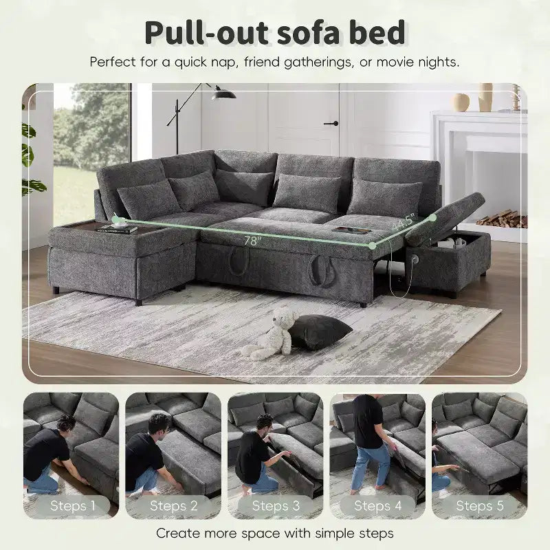Sofá cama modular seccional Whisen 270 - en forma de L de 6 plazas con otomana de almacenamiento, sofá de chenilla, personalizable para sala de estar y apartamento