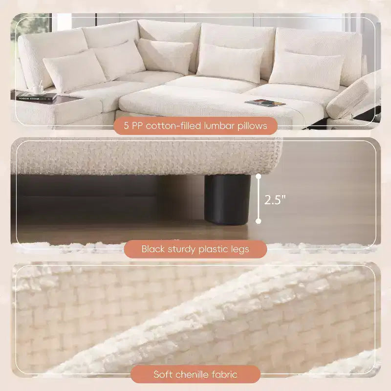 Sofá cama modular seccional Whisen 270 - en forma de L de 6 plazas con otomana de almacenamiento, sofá de chenilla, personalizable para sala de estar y apartamento