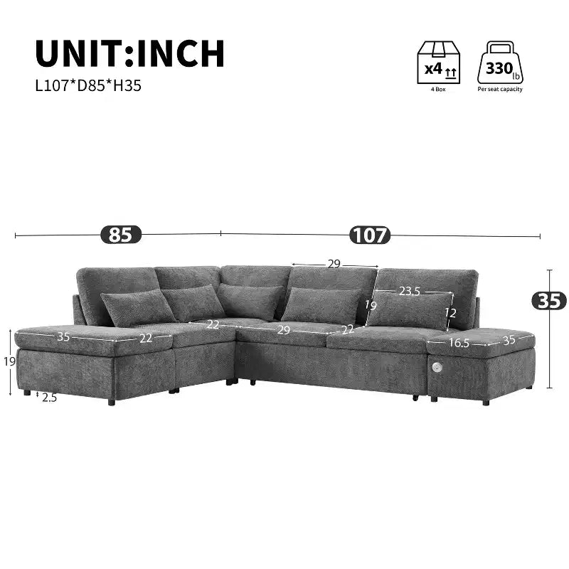 Sofá cama modular seccional Whisen 270 - en forma de L de 6 plazas con otomana de almacenamiento, sofá de chenilla, personalizable para sala de estar y apartamento