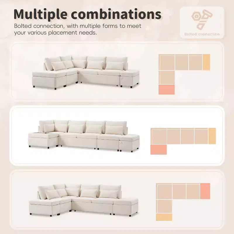 Sofá cama modular seccional Whisen 270 - en forma de L de 6 plazas con otomana de almacenamiento, sofá de chenilla, personalizable para sala de estar y apartamento