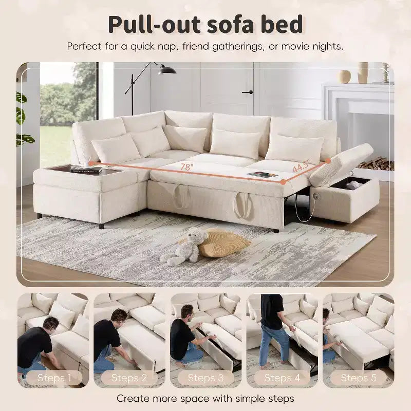 Sofá cama modular seccional Whisen 270 - en forma de L de 6 plazas con otomana de almacenamiento, sofá de chenilla, personalizable para sala de estar y apartamento