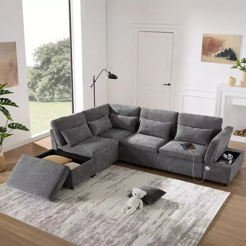 Sofá cama modular seccional Whisen 270 - en forma de L de 6 plazas con otomana de almacenamiento, sofá de chenilla, personalizable para sala de estar y apartamento