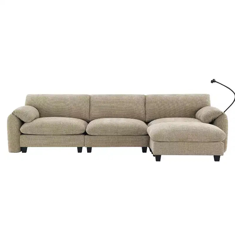 Sofá modular seccional en forma de L Whisen 108 de chenilla a rayas con asiento ancho, cargadores USB/Tipo-C y otomana con almacenamiento
