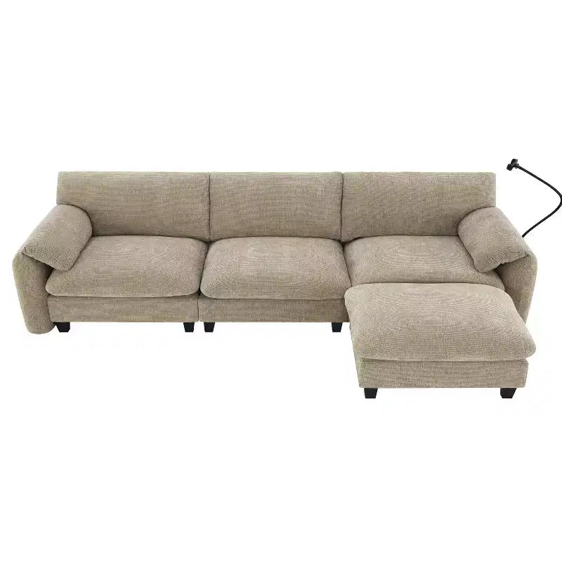 Sofá modular seccional en forma de L Whisen 108 de chenilla a rayas con asiento ancho, cargadores USB/Tipo-C y otomana con almacenamiento