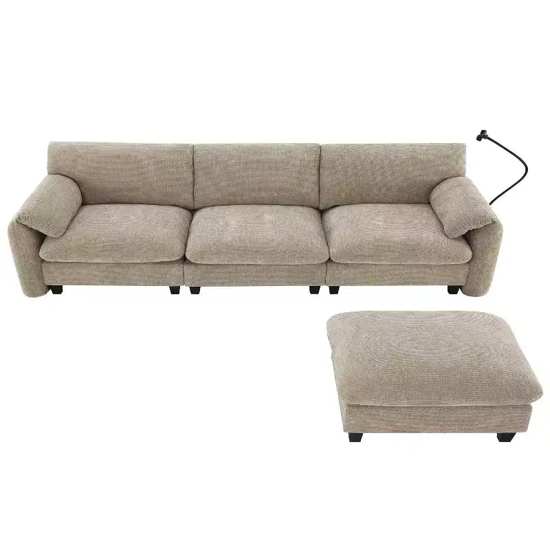 Sofá modular seccional en forma de L Whisen 108 de chenilla a rayas con asiento ancho, cargadores USB/Tipo-C y otomana con almacenamiento