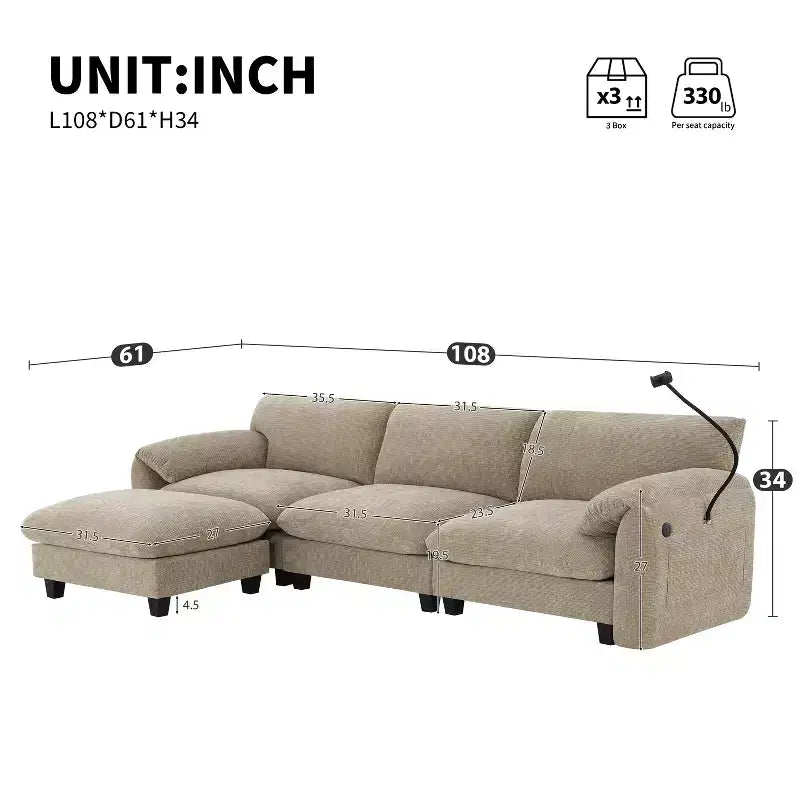 Sofá modular seccional en forma de L Whisen 108 de chenilla a rayas con asiento ancho, cargadores USB/Tipo-C y otomana con almacenamiento