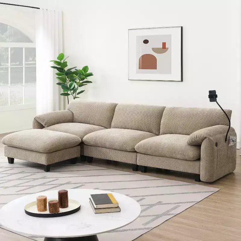 Sofá modular seccional en forma de L Whisen 108 de chenilla a rayas con asiento ancho, cargadores USB/Tipo-C y otomana con almacenamiento