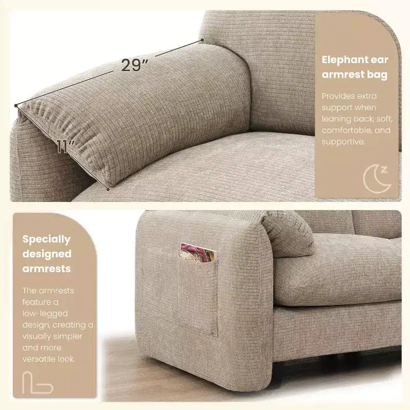 Sofá modular seccional en forma de L Whisen 108 de chenilla a rayas con asiento ancho, cargadores USB/Tipo-C y otomana con almacenamiento