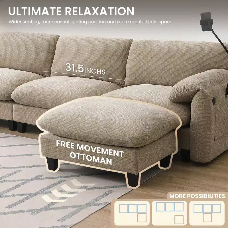 Sofá modular seccional en forma de L Whisen 108 de chenilla a rayas con asiento ancho, cargadores USB/Tipo-C y otomana con almacenamiento