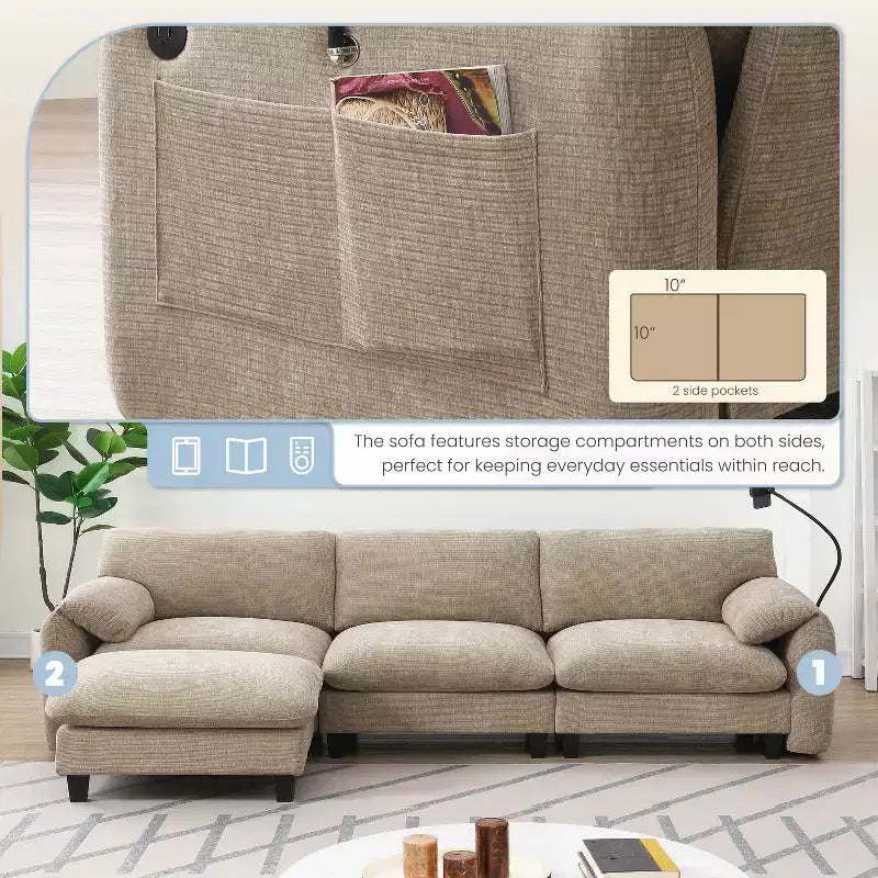 Sofá modular seccional en forma de L Whisen 108 de chenilla a rayas con asiento ancho, cargadores USB/Tipo-C y otomana con almacenamiento