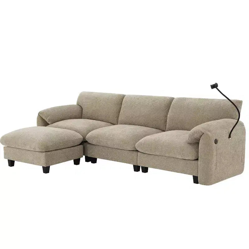 Sofá modular seccional en forma de L Whisen 108 de chenilla a rayas con asiento ancho, cargadores USB/Tipo-C y otomana con almacenamiento