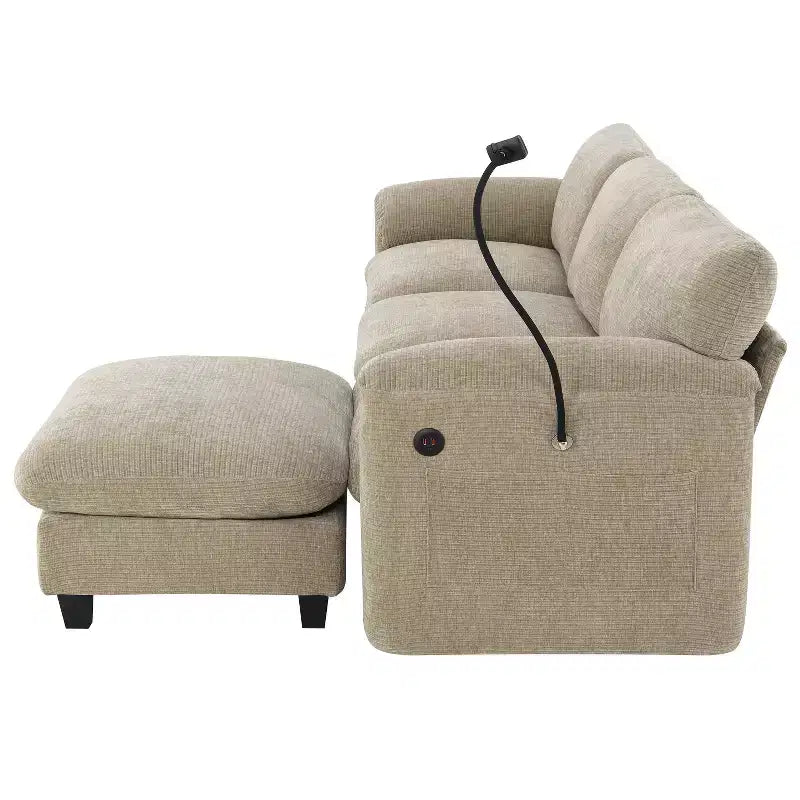 Sofá modular seccional en forma de L Whisen 108 de chenilla a rayas con asiento ancho, cargadores USB/Tipo-C y otomana con almacenamiento