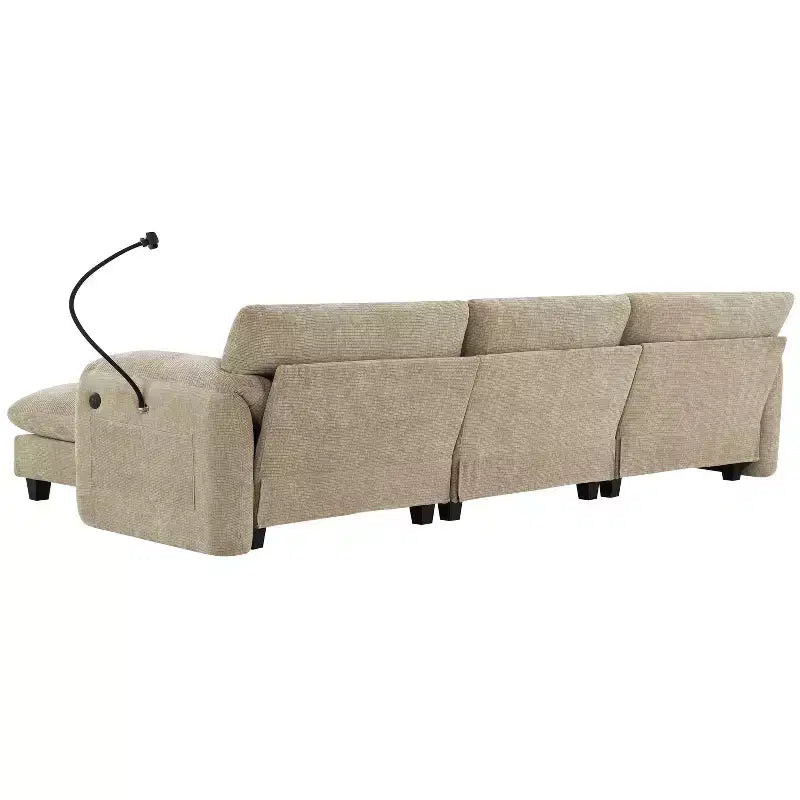 Sofá modular seccional en forma de L Whisen 108 de chenilla a rayas con asiento ancho, cargadores USB/Tipo-C y otomana con almacenamiento