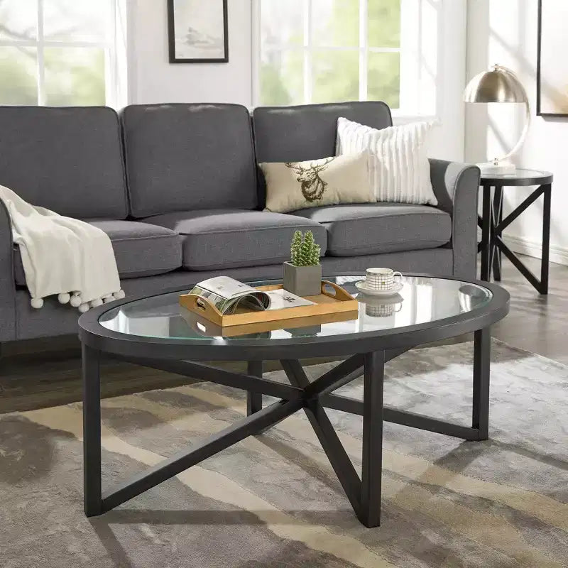 Mesa de centro redonda/ovalada Mesa auxiliar de cristal Mesa de cóctel Mesa de sofá Mesa lateral Mesa de centro, Negro/Cerezo-ModernLuxe