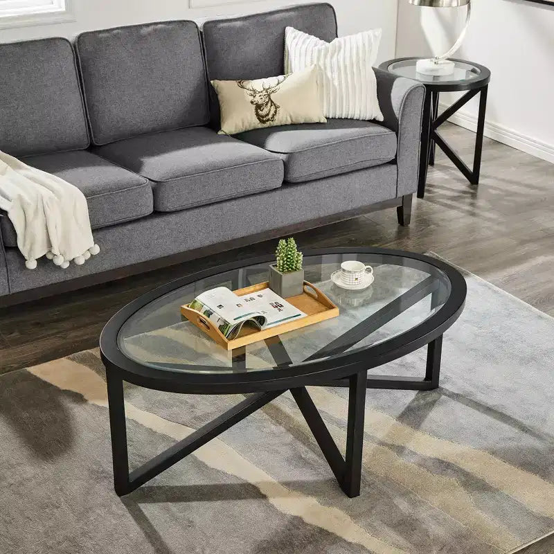 Mesa de centro redonda/ovalada Mesa auxiliar de cristal Mesa de cóctel Mesa de sofá Mesa lateral Mesa de centro, Negro/Cerezo-ModernLuxe