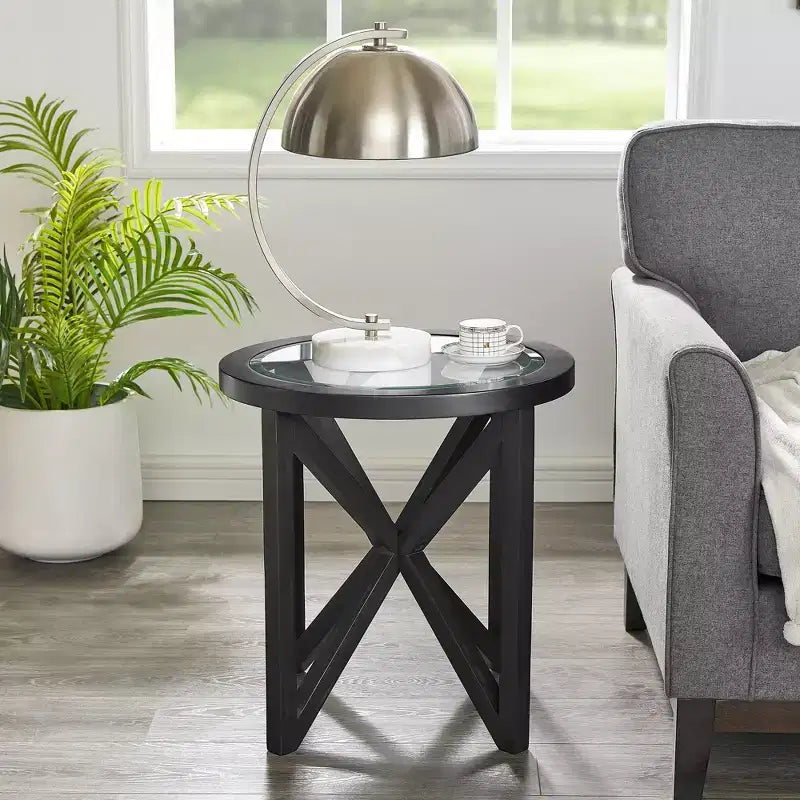 Mesa de centro redonda/ovalada Mesa auxiliar de cristal Mesa de cóctel Mesa de sofá Mesa lateral Mesa de centro, Negro/Cerezo-ModernLuxe