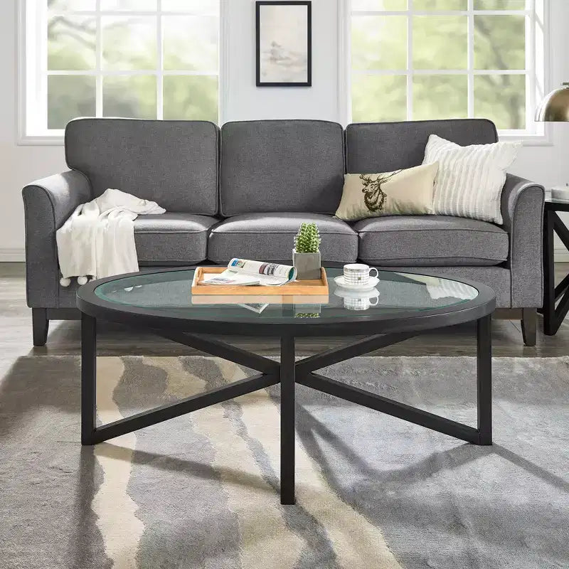 Mesa de centro redonda/ovalada Mesa auxiliar de cristal Mesa de cóctel Mesa de sofá Mesa lateral Mesa de centro, Negro/Cerezo-ModernLuxe