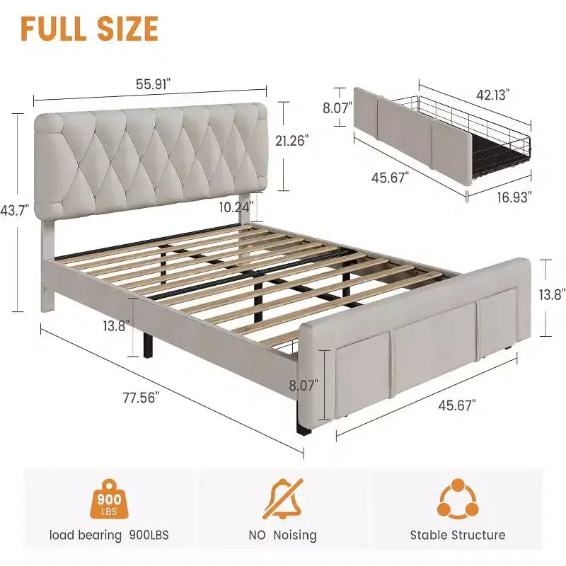 Marco de Cama Tapizado en Terciopelo con Cajones de Almacenamiento, Diseño de Plataforma con Soporte de Listones de Madera Sólida, No Requiere Somier.