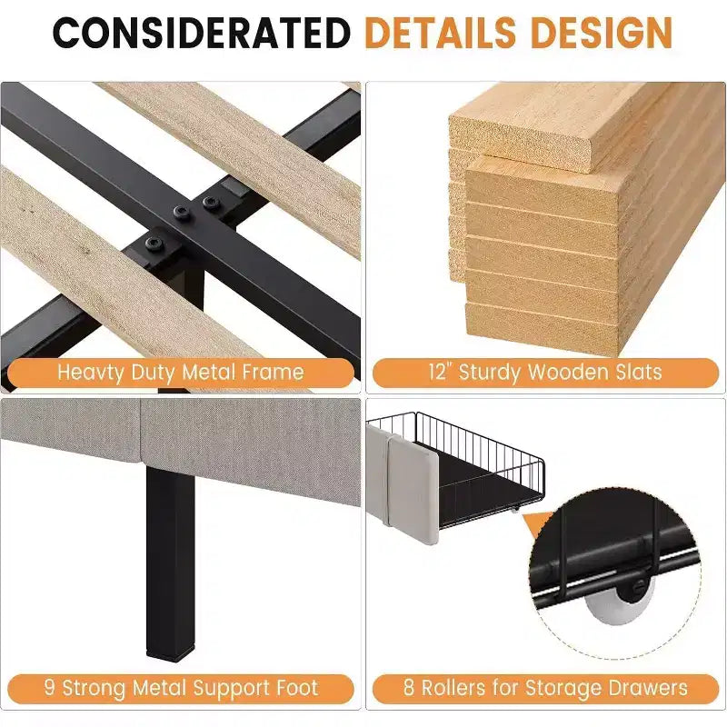 Marco de Cama Tapizado en Terciopelo con Cajones de Almacenamiento, Diseño de Plataforma con Soporte de Listones de Madera Sólida, No Requiere Somier.