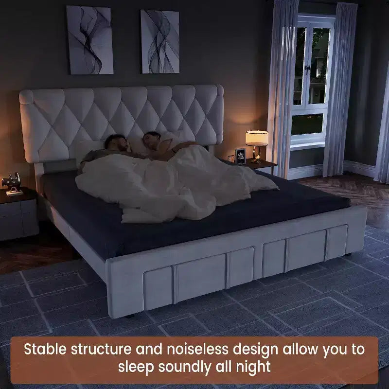 Marco de Cama Tapizado en Terciopelo con Cajones de Almacenamiento, Diseño de Plataforma con Soporte de Listones de Madera Sólida, No Requiere Somier.
