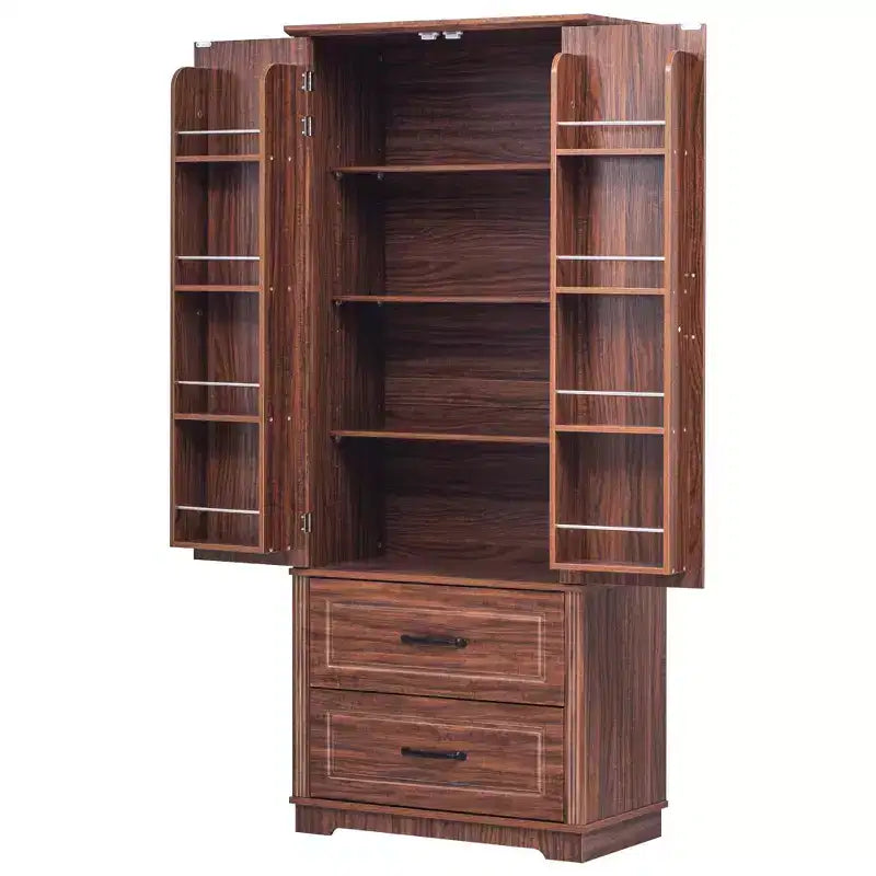 Alacena de estilo rústico de 71" con 2 cajones y 8 estantes en la puerta - Almacenamiento independiente con textura en relieve para cocina, comedor y sala de estar