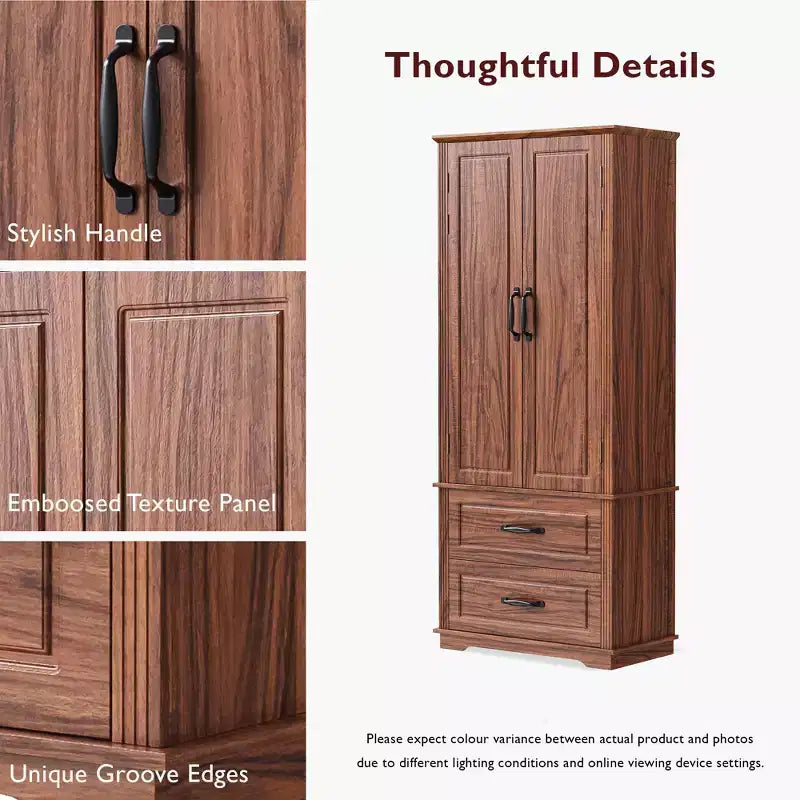Alacena de estilo rústico de 71" con 2 cajones y 8 estantes en la puerta - Almacenamiento independiente con textura en relieve para cocina, comedor y sala de estar