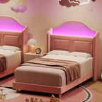Base de Cama Doble Tapizada en Terciopelo con Cabecero de Almacenamiento con Alas, Luces LED, Soporte de Láminas de Madera, No Requiere Somier, Diseño de Plataforma.