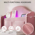 Base de Cama Doble Tapizada en Terciopelo con Cabecero de Almacenamiento con Alas, Luces LED, Soporte de Láminas de Madera, No Requiere Somier, Diseño de Plataforma.