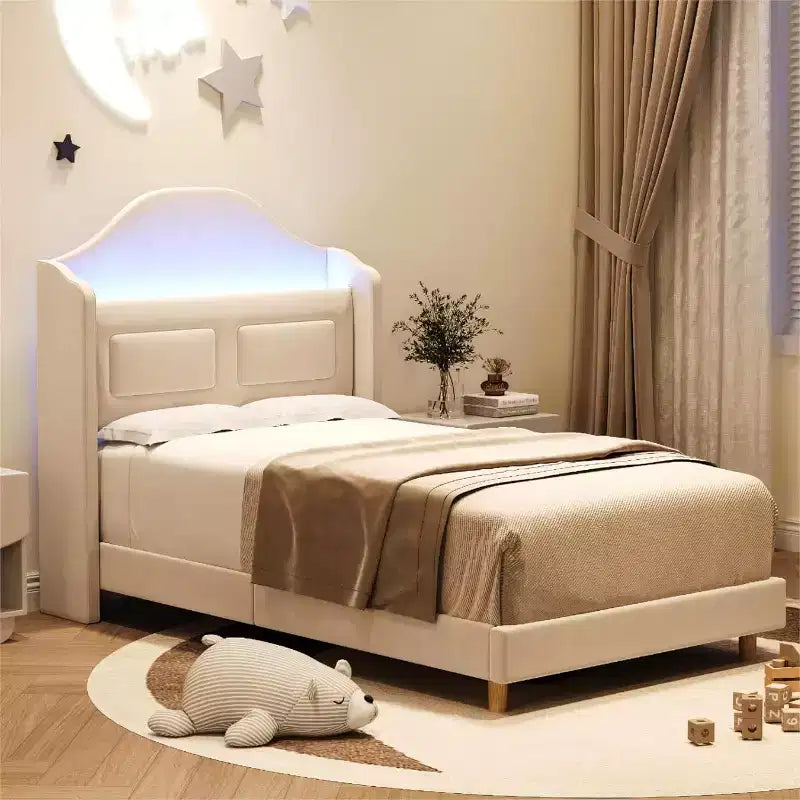 Base de Cama Doble Tapizada en Terciopelo con Cabecero de Almacenamiento con Alas, Luces LED, Soporte de Láminas de Madera, No Requiere Somier, Diseño de Plataforma.