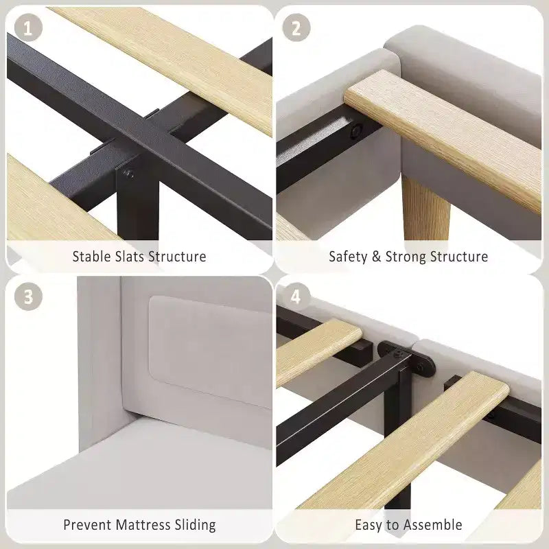 Base de Cama Doble Tapizada en Terciopelo con Cabecero de Almacenamiento con Alas, Luces LED, Soporte de Láminas de Madera, No Requiere Somier, Diseño de Plataforma.