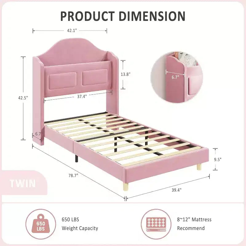Base de Cama Doble Tapizada en Terciopelo con Cabecero de Almacenamiento con Alas, Luces LED, Soporte de Láminas de Madera, No Requiere Somier, Diseño de Plataforma.