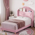 Base de Cama Doble Tapizada en Terciopelo con Cabecero de Almacenamiento con Alas, Luces LED, Soporte de Láminas de Madera, No Requiere Somier, Diseño de Plataforma.