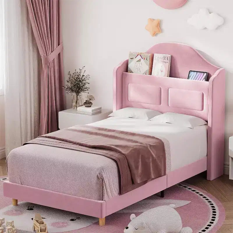 Base de Cama Doble Tapizada en Terciopelo con Cabecero de Almacenamiento con Alas, Luces LED, Soporte de Láminas de Madera, No Requiere Somier, Diseño de Plataforma.