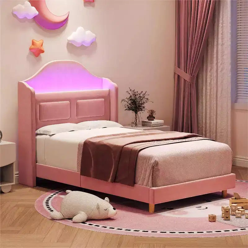 Base de Cama Doble Tapizada en Terciopelo con Cabecero de Almacenamiento con Alas, Luces LED, Soporte de Láminas de Madera, No Requiere Somier, Diseño de Plataforma.