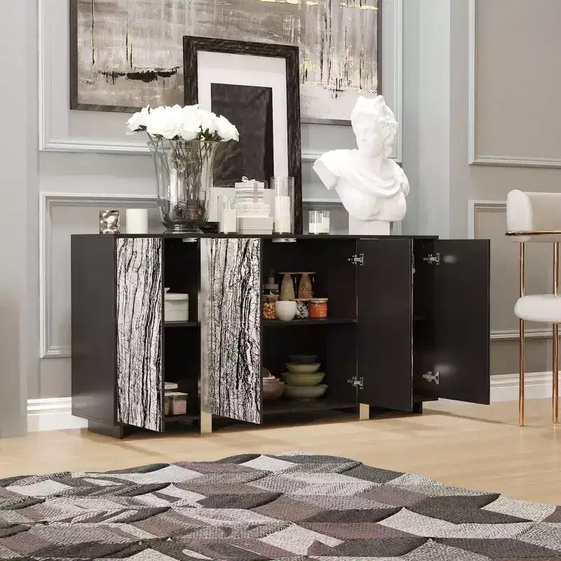 Mueble Aparador Chic Famapy con Patrón de Veta de Madera, Iluminación Integrada y Marco Negro Resistente - Mejora los Espacios de Comedor con un Almacenamiento Elegante