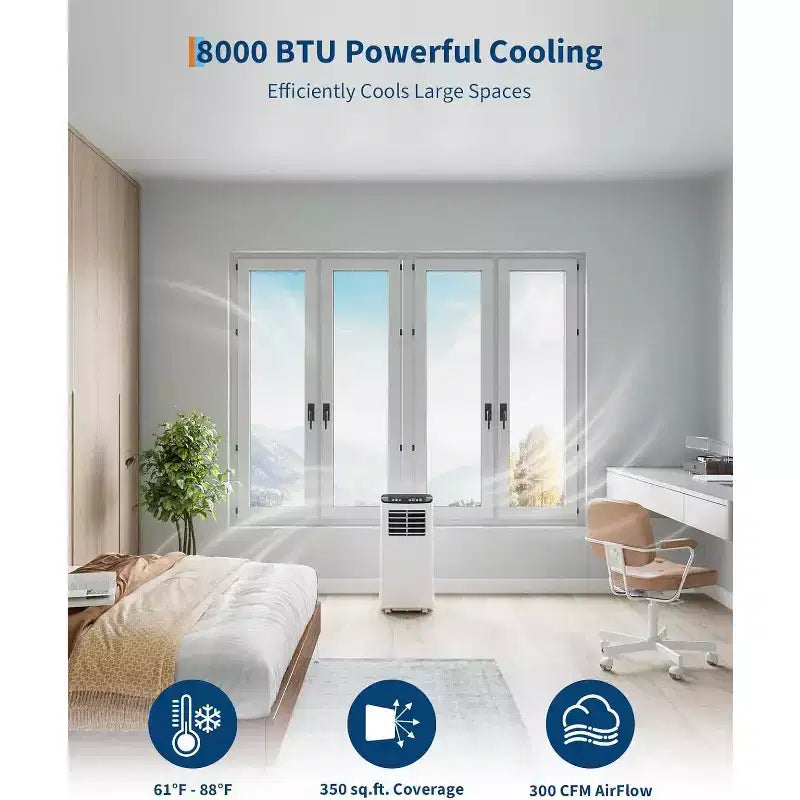 Garvee 8000 BTU Portable AC Unit 3-in-1 Cooling Fan Dehumidifier Remote Sleep Timer Window Kit for Rooms Up to 350 Sq Ft