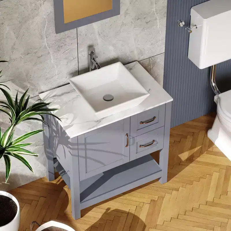 Tocador y lavabo de baño grises de 30 pulgadas con tapa de mármol/Espejo, grifo y desagüe