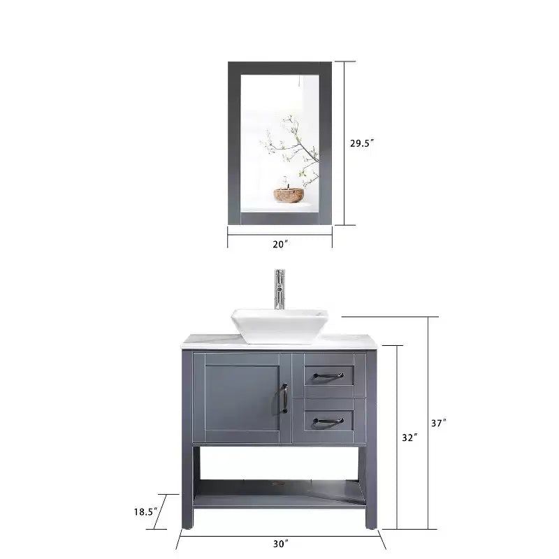 Tocador y lavabo de baño grises de 30 pulgadas con tapa de mármol/Espejo, grifo y desagüe