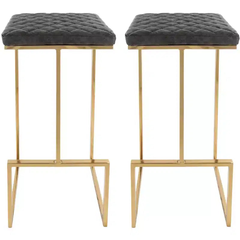 LeisureMod Quincy - Juego de 2 taburetes de bar tapizados en piel con estructura de metal dorado, sillas de altura de mostrador para isla de cocina