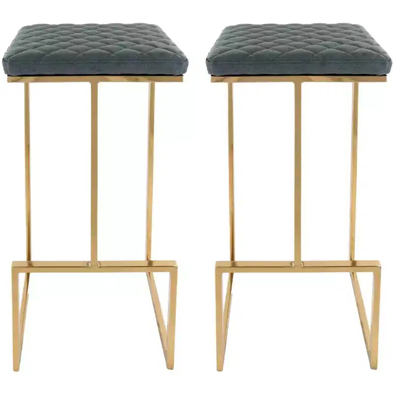 LeisureMod Quincy - Juego de 2 taburetes de bar tapizados en piel con estructura de metal dorado, sillas de altura de mostrador para isla de cocina