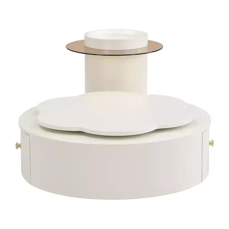 Mesa de centro giratoria 360°, mesa de centro redonda anidable con tapa de flor y 2 cajones, mesa auxiliar de cóctel, mesa auxiliar, mesa lateral - ModernLuxe