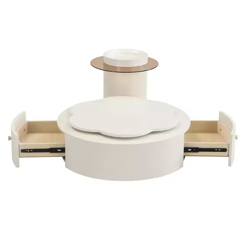 Mesa de centro giratoria 360°, mesa de centro redonda anidable con tapa de flor y 2 cajones, mesa auxiliar de cóctel, mesa auxiliar, mesa lateral - ModernLuxe