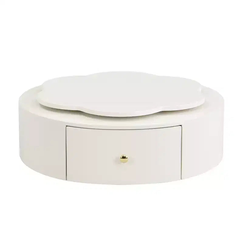 Mesa de centro giratoria 360°, mesa de centro redonda anidable con tapa de flor y 2 cajones, mesa auxiliar de cóctel, mesa auxiliar, mesa lateral - ModernLuxe